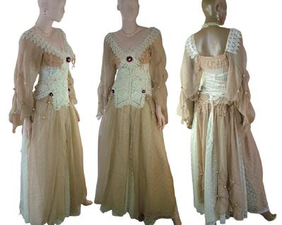 A tan and cream renaissance style long dress with a lace up back for a great fit and crochet bodice. Finished with fringe and red flowers here and there. One of a kind, hand made, eco-friendly bohemian style dress.