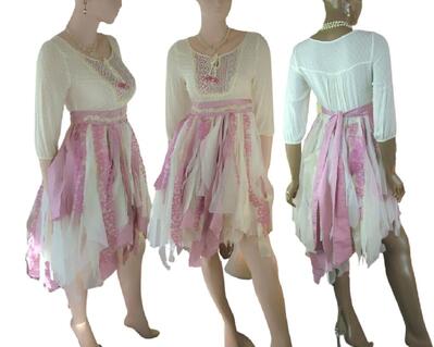 Pink and cream bridesmaids dress. High waist. Slight high low skirt. Pretty 3/4 sleeves and a tie at the front with beads. One of a kind, hand made, eco-friendly boho style dress.