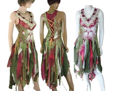 Christmas colored tattered boho style dress. Red white and green with gold lacing in the back for a snug fit. One of a kind, hand made, eco-friendly dress.