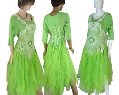 Lime green and white tattered bridesmaids dress. Lace up back and crochet bodice, unique one of a kind dress, hand made, eco-friendly, boho style rainbow dress. Big enough to accommodate a baby bump.