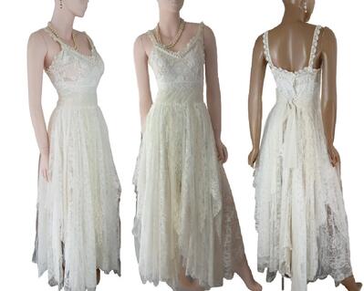 Cream long tattered summer wedding dress with pretty lace. One of a kind, handmade, eco-friendly bohemian style event dress, lace up back and features vintage buttons around the neckline.