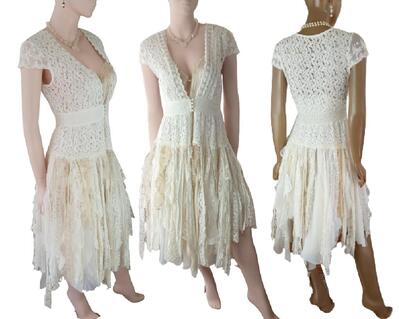 Two piece outfit. Cream and white lace and tatters. One of a kind, hand made, eco-friendly bohemian style event dress.