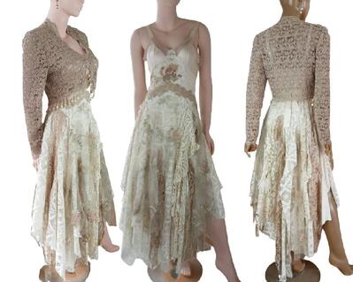 Light brown and cream long, tattered wedding dress with jacket. Made with antique fabrics.