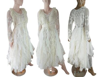 Cream and white long, tattered, pretty wedding dress with long sleeves and loads of lace and tassels. One of a kind, eco-friendly, handmade, bohemian style dress.
