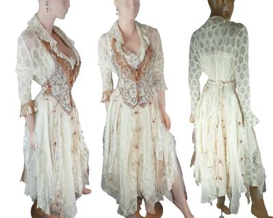 Extra Large size two-layer lace dress. The bottom layer is stretchy lace with added tatters in the skirt and the top layer is made from a vest that ties over the top.  One of a kind, handmade, eco-friendly bohemian style dress.