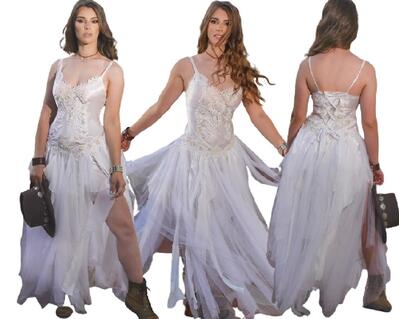 White tattered laced up wedding dress with wedding bling on the bodice. Ankle length.