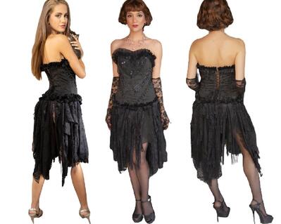 Black tattered corset event dress. Sexy dress for various events or evening wear. Looks fabulous with long lace black gloves.
