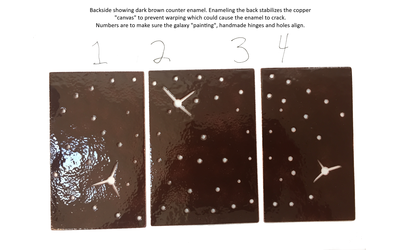 Backside showing dark brown counter enamel. Enamelling the back stabilizes the copper "canvas" to prevent warping which could cause the enamel to crack. Numbers are to make sure the galaxy "painting", handmade hinges and holes align. Backside showing dark brown counter enamel. Enamelling the back stabilizes the copper "canvas" to prevent warping which could cause the enamel to crack. Numbers are to make sure the galaxy "painting", handmade hinges and holes align.