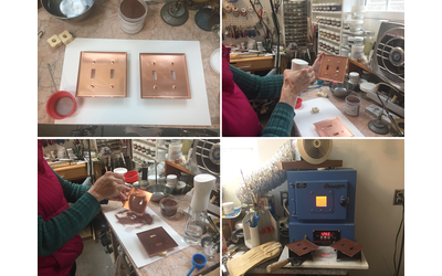 Copper is cleaned. Adhesive is sprayed on the back, counter enamel is sifted onto the copper, then placed in the kiln at 1450ºF for 2 minutes. Copper is cleaned. Adhesive is sprayed on the back, counter enamel is sifted onto the copper, then placed in the kiln at 1450ºF for 2 minutes.