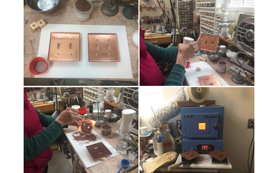 Copper is cleaned. Adhesive is sprayed on the back, counter enamel is sifted onto the copper, then placed in the kiln at 1450ºF for 2 minutes.