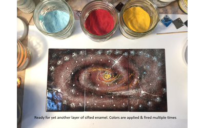 Addition of yet another layer of sifted enamel. Colors are applied & fired multiple times. Addition of yet another layer of sifted enamel. Colors are applied & fired multiple times.