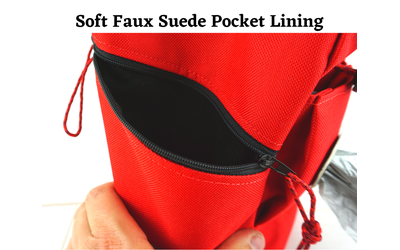 Zip Pocket has a Faux Suede inner layer Zip Pocket has a Faux Suede inner layer