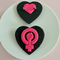 fireflyFrippery hot pink feminist fist on black heart background pin front and back