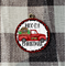 Mooey Christmas red truck highland cow with red and black check frame