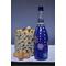Hand painted blue bottle with various dot art/mandala designs around the entire bottle