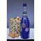 Hand painted blue bottle with various dot art/mandala designs around the entire bottle