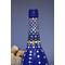 Hand painted blue bottle with various dot art/mandala designs around the entire bottle