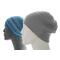 Mannequins wear lightweight hats crocheted in sock or fingering weight yarn.  The beanie in front is in a solid gray luxury yarn, and the beanie in back in a self-striping wool-blend fingering weight yarn in shades of blue.