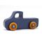 Handmade wooden toy little pickup truck painted military blue with metallic sapphire blue trim and nonmarring amber shellac wheels.