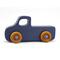 Handmade wooden toy little pickup truck painted military blue with metallic sapphire blue trim and nonmarring amber shellac wheels.