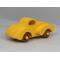 Handmade wooden toy car vintage style of a fat fendered coupe painted bright yellow with nonmarring amber shellac finished wheels. It is an excellent push toy for a younger child.