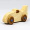 Handmade wooden toy bat car with a clear and amber shellac finish and metallic sapphire blue trim, part of my Play Pal Collection