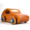 A handmade wooden toy car modeled after the iconic 1957 bug, finished with amber shellac and metallic sapphire blue trim. It's part of my Play Pal Collection.