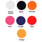 Color chart of on hand available vinyl colors.  Each color is listed with a circle swatch of the color with the name listed below. There is White, Black, Orange, Pink, Purple, Red, and Yellow.