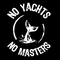Mockup: the slogan No Yachts No Masters in a split, circular arrangement around a whale fluke in large parentheses appearing to be coming out of the water.