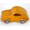 Handmade wooden toy car with an amber shellac finish and metallic sapphire blue trim, modeled after the classic 1957 Bug.