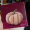 Photo of small square canvas painting of peach colored pumpkin with a raspberry pink background