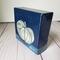 Photo of small square canvas painting of oddly shaped light blue pumpkin with a dark blue background