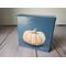 Photo of small square canvas painting of peach colored pumpkin with denim blue colored background