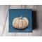 Photo of small square canvas painting of peach colored pumpkin with denim blue colored background