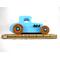 This handmade wooden toy car, modeled after a 1927 Ford T-Coupe, is hand-painted baby blue with black and metallic sapphire blue. The wheels are finished with nonmarring amber shellac.
