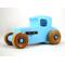 This handmade wooden toy car, modeled after a 1927 Ford T-Coupe, is hand-painted baby blue with black and metallic sapphire blue. The wheels are finished with nonmarring amber shellac.