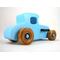 This handmade wooden toy car, modeled after a 1927 Ford T-Coupe, is hand-painted baby blue with black and metallic sapphire blue. The wheels are finished with nonmarring amber shellac.