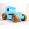 This handmade wooden toy car, modeled after a 1927 Ford T-Coupe, is hand-painted baby blue with black and metallic sapphire blue. The wheels are finished with nonmarring amber shellac.