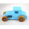 This handmade wooden toy car, modeled after a 1927 Ford T-Coupe, is hand-painted baby blue with black and metallic sapphire blue. The wheels are finished with nonmarring amber shellac.