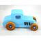This handmade wooden toy car, modeled after a 1927 Ford T-Coupe, is hand-painted baby blue with black and metallic sapphire blue. The wheels are finished with nonmarring amber shellac.