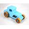 This handmade wooden toy car, modeled after a 1927 Ford T-Coupe, is hand-painted baby blue with black and metallic sapphire blue. The wheels are finished with nonmarring amber shellac.