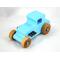 This handmade wooden toy car, modeled after a 1927 Ford T-Coupe, is hand-painted baby blue with black and metallic sapphire blue. The wheels are finished with nonmarring amber shellac.