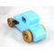 This handmade wooden toy car, modeled after a 1927 Ford T-Coupe, is hand-painted baby blue with black and metallic sapphire blue. The wheels are finished with nonmarring amber shellac.