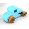 This handmade wooden toy car, modeled after a 1927 Ford T-Coupe, is hand-painted baby blue with black and metallic sapphire blue. The wheels are finished with nonmarring amber shellac.