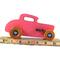 This is a handmade wooden Hot Rod '32 Deuce Coupe toy car. It is hand-painted hot pink with black and metallic sapphire blue trim. The hardwood wheels are finished with nonmarring amber shellac.