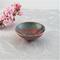 tiny copper enamel trinket dish dark teal with stenciled red leaf outline