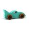Handmade wooden toy car painted green with black trim and nonmarring amber shellac finished wheels, Part of my Play Pal Collection.