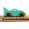 Handmade wooden toy car painted green with black trim and nonmarring amber shellac finished wheels, Part of my Play Pal Collection.