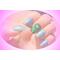 image of press on nails (Pre-hike) featuring blue and purple hues of cats eye with a middle finger glow in the dark alien with rhinestone accent nail.