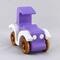 A handmade wooden toy car vintage style coupe painted nontoxic purple and white with spoked wheels finished with nonmarring amber shellac, from my  Bad Bob's Custom Motors Collection.